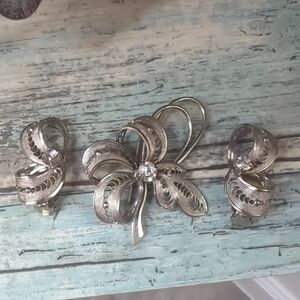 Vintage Signed West Germany Silver Filigree Rhinestone Brooch And Clipon Set